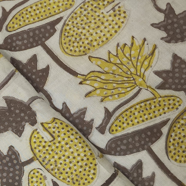 PRE-CUT 1.5 METER Pure Cotton Vanaspati Cream With Yellow Lotus Jaal Hand Block Print Fabric