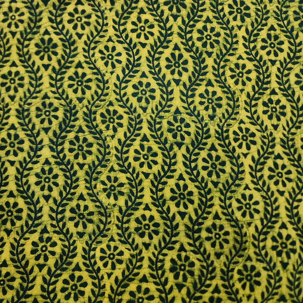 ( PRE-CUT 1.5 METER ) Pure Cotton Special Akola Dabu Dark Green With Lime Yellow Flower Creeper Hand Block Print Fabric