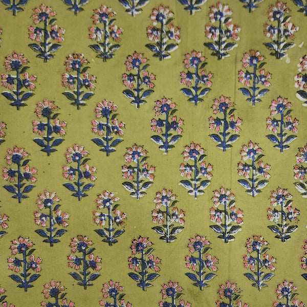 ( PRE-CUT 1.60 METER ) Pure Cotton Jaipuri Green With Pink Flower Motif Hand Block Print Fabric