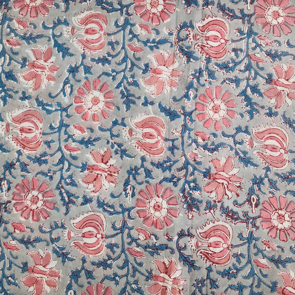 ( PRE-CUT 1.60 METER ) Pure Cotton Jaipuri Grey With Pink Flower And Blue Jaal Hand Block Print Fabric