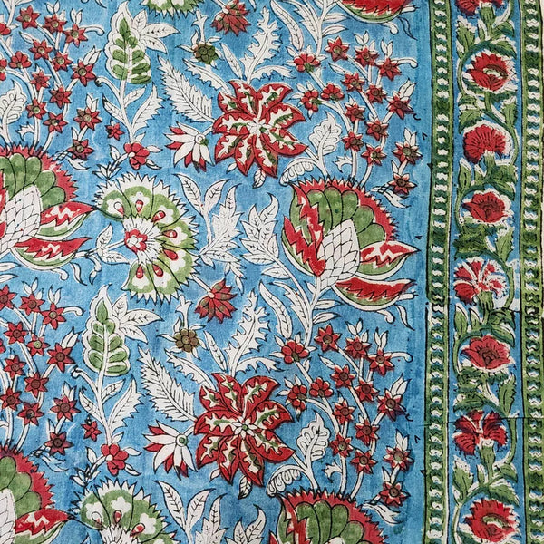 ( PRE- CUT  1.65 METER ) Pure Cotton Jaipuri Blue With Red Queen Of The Night Flower Jaal Hand Block Print Fabric