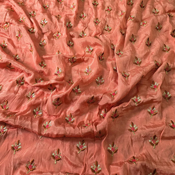 ( PRE-CUT 1.66 METER ) Silky Chinon Butti Motif Peach Fabric