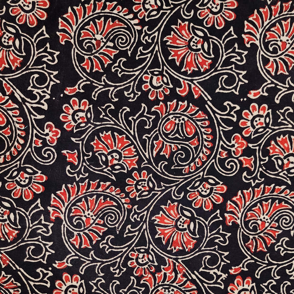 PRE-CUT 1.70 METER Pure Cotton Vegetable Dyed Black With Cream And Rust Flowers Jaal Hand Block Print Fabric