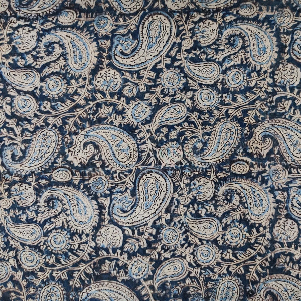 PRE-CUT 1.70 METER Pure Mul Cotton Extra Soft Kalamkari Indigo With Kairis Motifs Hand Block Print Fabric