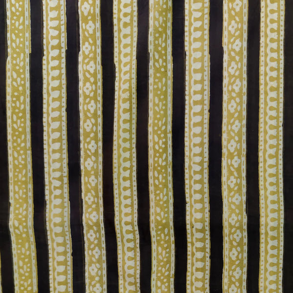 ( PRE-CUT 1.70 METER ) Modal Cotton Kalamkari Black And Mustard Border Stripes Hand Block Print Fabric