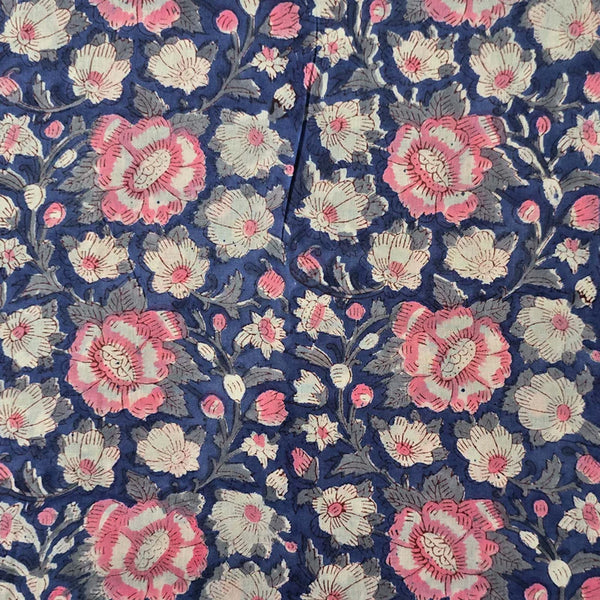 PRE-CUT 1.70 METER ) Pure Cotton Jaipuri Blue With White Small Flower And Pink Big Flower Jaal Hand Block Print Fabric