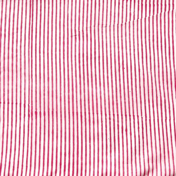 ( PRE-CUT 1.70 METER ) Pure Cotton Jaipuri White And Dark Pink Stripes Hand Block Print Fabric