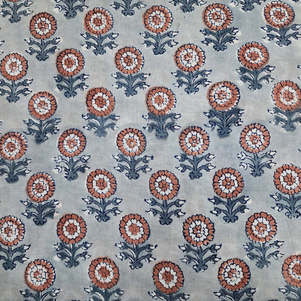 PRE-CUT 1.75 METER Pure Cotton Jaipuri Grey With Peach Single Flower Plant Hand Block Print Fabric