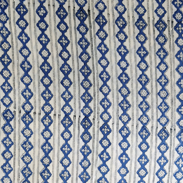 PRE-CUT 1.75 METER Pure Cotton Jaipuri White With Blue Border Hand Block Print Fabric