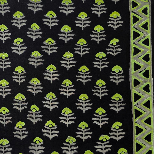 ( PRE-CUT 1.75 METER ) Pure Cotton Black With Green Grey Floral Motifs With Border Hand Block Print Fabric