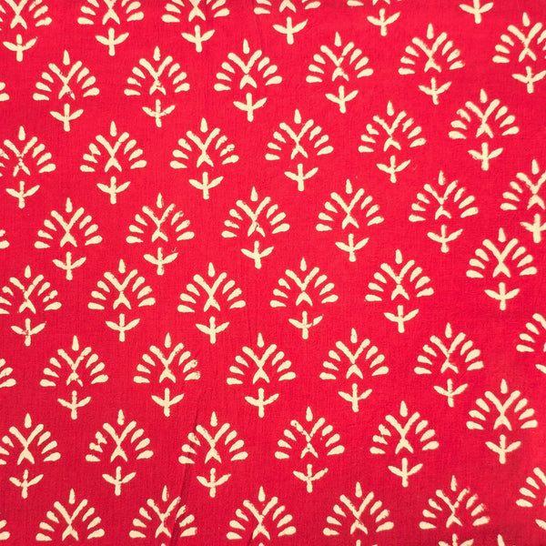 ( PRE-CUT 1.75 METER ) Pure Cotton Dabu  Red With Cream Flower Motif Hand Block Print Fabric