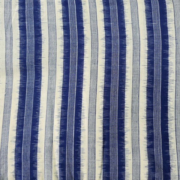 ( PRE-CUT 1.75 METER ) Pure Cotton Doubly Weaved Ikkat Blue And Cream Stripes Weaves Woven Fabric