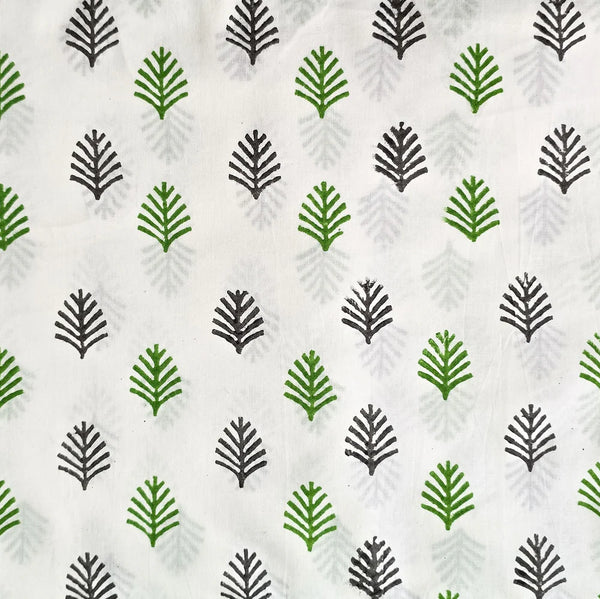 ( PRE-CUT 1.75 METER ) Pure Cotton White With Green Black Small Leaves With Border Hand Block Print Fabric