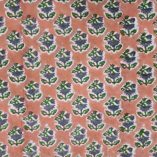 ( PRE-CUT 1.80 CM ) Pure Cotton Jaipuri Peach With Blue Flower Motif Hand Block Print Fabric