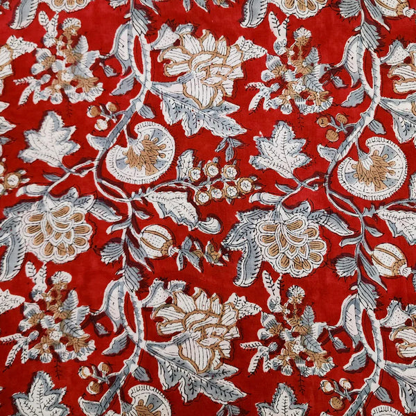 ( PRE-CUT 1.80 CM ) Pure Cotton Jaipuri Red And White And Grey Jungle Flower Jaal Hand Block Print Fabric