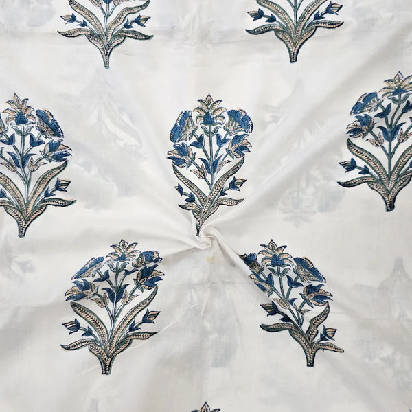 ( PRE-CUT 1.80 CM ) Pure Cotton Jaipuri White With Blue Big Plant Motif Hand Block Print Fabric