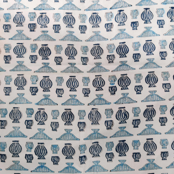 PRE-CUT 1.80 METER Pure Cotton Jaipuri White With Light And Dark Blue Chinese Lanterns Hand Block Print Fabric