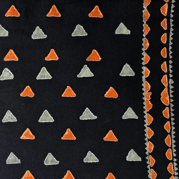 ( PRE-CUT 1.80 METER ) Pure Cotton Black With Small Orange Grey Triangles With Border Hand Block Print Fabric