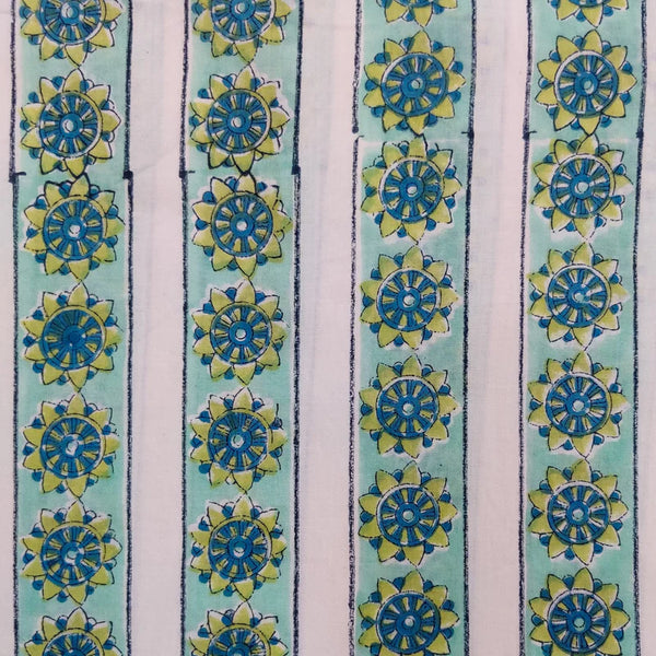 ( PRE-CUT 1.80 METER ) Pure Cotton Jaipuri White With Sea Green Border With Floral Chakra Hand Block Print Fabric