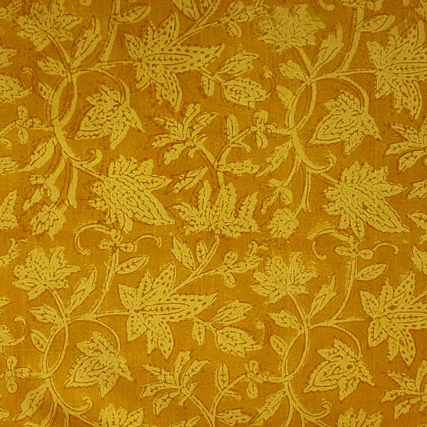 ( PRE-CUT 1.85 CM ) Pure Cotton Gamthi Yellow With Self Colour Flower Jaal Hand Block Print Fabric