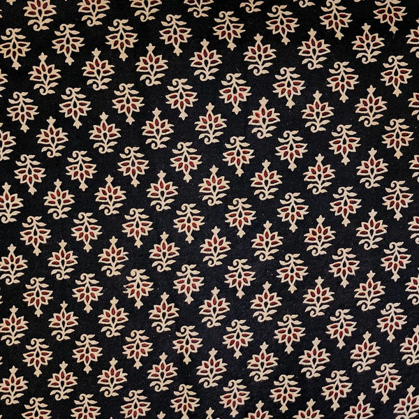 ( PRE-CUT 1.85 CM ) Pure Cotton Vegetable Dyed Ajrak Black With Cream Intricate Lotus Flower Motif Hand Block Print Fabric