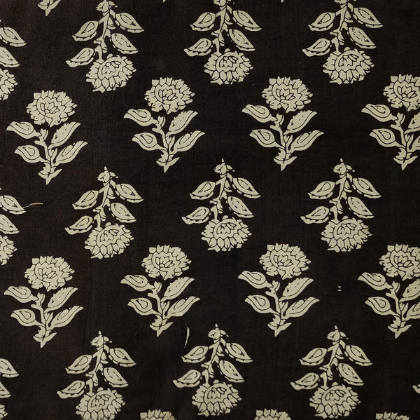 ( PRE-CUT 1.85 METER ) Pure Cotton Bagru Black With Cream Flower Motif Hand Block Print Fabric