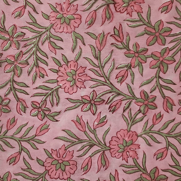 PRE-CUT 1.90 METER Pure Cotton Jaipuri Pink With Narcissus Flower Jaal Hand Block Print Fabric