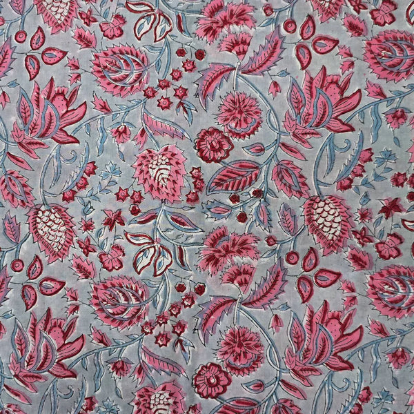 ( PRE-CUT 1.90 METER ) Pure Cotton Jaipuri Grey With Pink Flower Jaal Hand Block Print Fabric