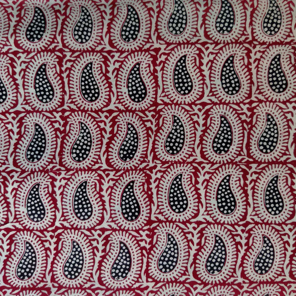 ( PRE-CUT 1 METER ) Pure Cotton Bagh Rust With Black Kairi  All Over Pattern Hand Block Print Fabric