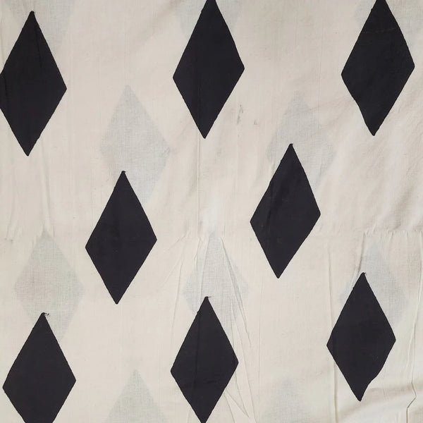 ( PRE-CUT 1 METER ) Pure Cotton Bagru Cream With Black Diamond Motif Hand Block Print Fabric