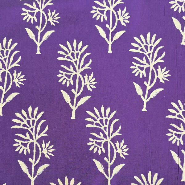 ( PRE-CUT 1 METER ) Pure Cotton Dabu  Purple With White Big Flower Design Hand Block Print Fabric