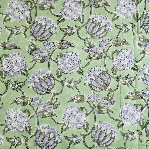 ( PRE-CUT 1 METER ) Pure Cotton Jaipuri Green With Grey And White Lotus Flower Jaal Hand Block Print Fabric