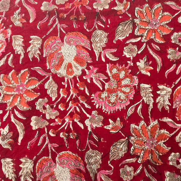 ( PRE-CUT 1 METER ) Pure Cotton Jaipuri Red With Orange Wild Jungle Flower Hand Block Print Fabric