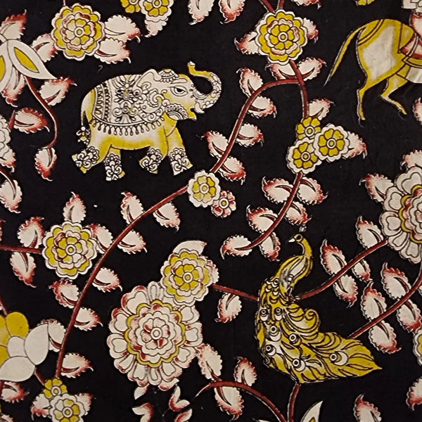 (PRE-CUT 1 METER ) Pure Cotton Kalamkari Black With Yellow Flower And Elephant Design Hand Block Print Fabric