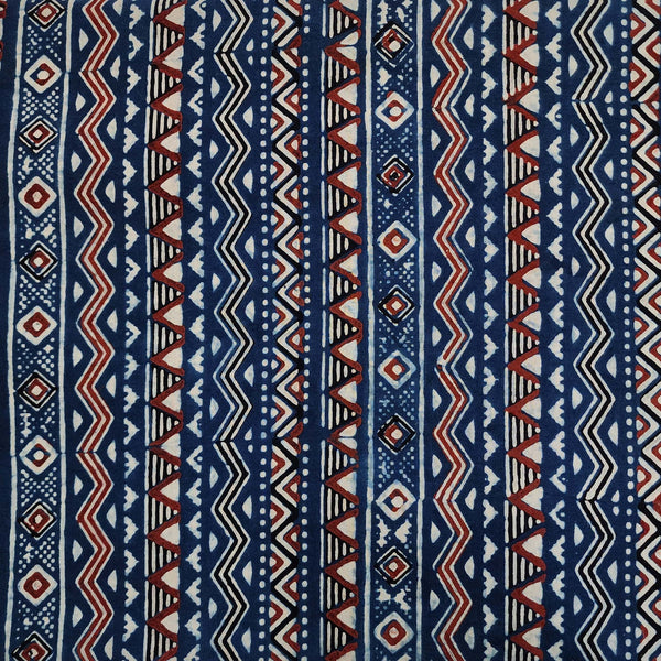 PRE-CUT 2.10 METER Pure Cotton Double Ajrak Blue With Cream Rust Intricate Border Hand Block Print Fabric