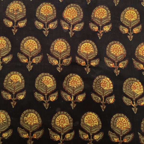 ( PRE-CUT 2.15 METER ) Pure Cotton Bagru Black With Mustard And Brown Flower Motif Hand Block Print Fabric