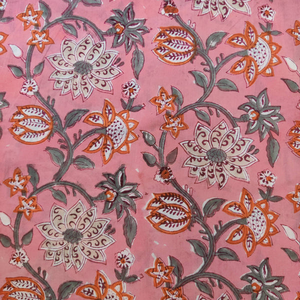 PRE-CUT 2.30 METERS Pure Cotton Jaipuri Pink  With Orange And Cream Wild Floral Jaal Hand Block Print Fabric