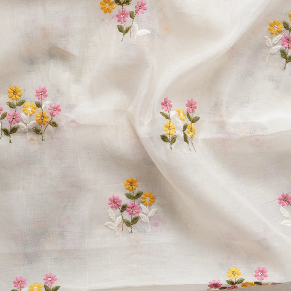 ( PRE-CUT 2.30 METER ) Mul Chanderi Cream With Pink And Yellow Flower Motif Fabric