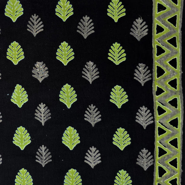 ( PRE-CUT 2.32 METER ) Pure Cotton Black With Green Grey Small Leaves With Border Hand Block Print