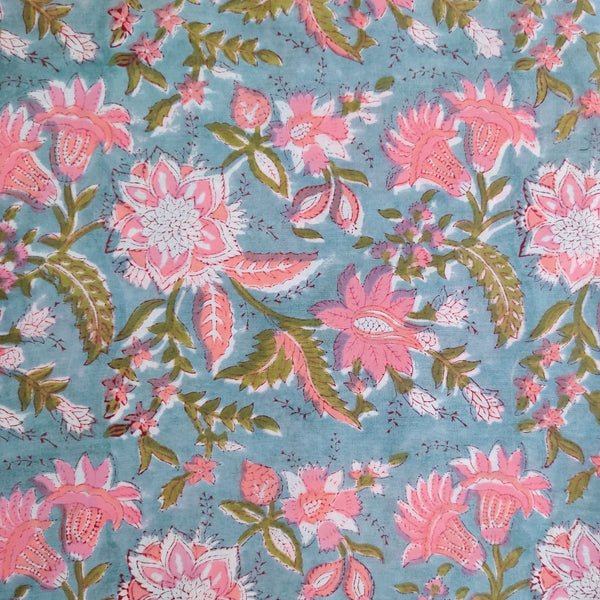 PRE-CUT 2.35 METER Pure Cotto Jaipuri Ocean Blue With Pink Wild Flower Jaal Hand Block Print Fabric