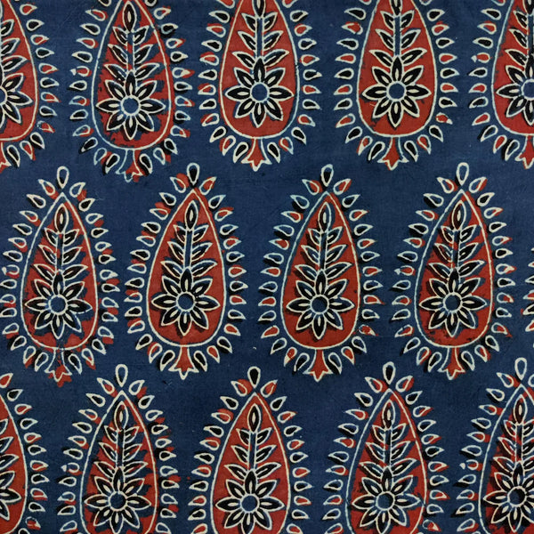 ( PRE-CUT 2.35 METER) Pure Cotton Ajrak Blue With Rust Big Leafs With  Intricate Design Hand Block Print Fabric