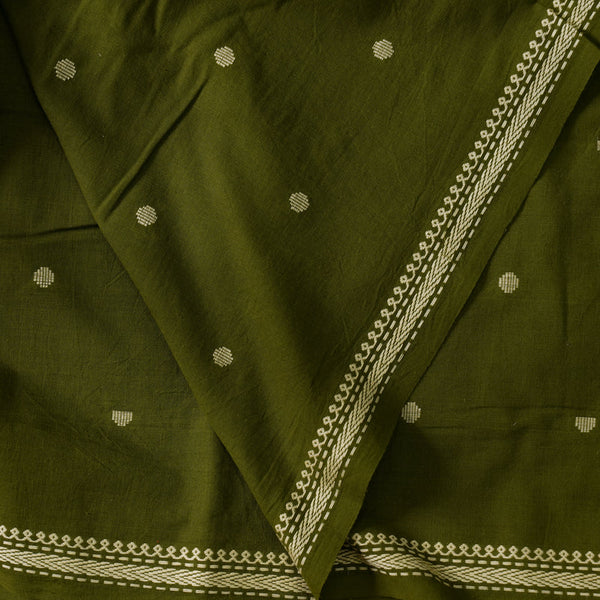 (PRE-CUT 2.35 METER ) Pure Cotton Handloom Mahindi Green With Cream Polka Dots And Border Hand Woven Fabric