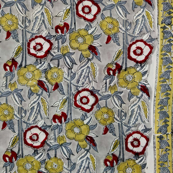 PRE-CUT 2.40 METER Pure Cotton Jaipuri Grey With Red And Mustard Orchid Flower Jaal Hand Block Print Fabric