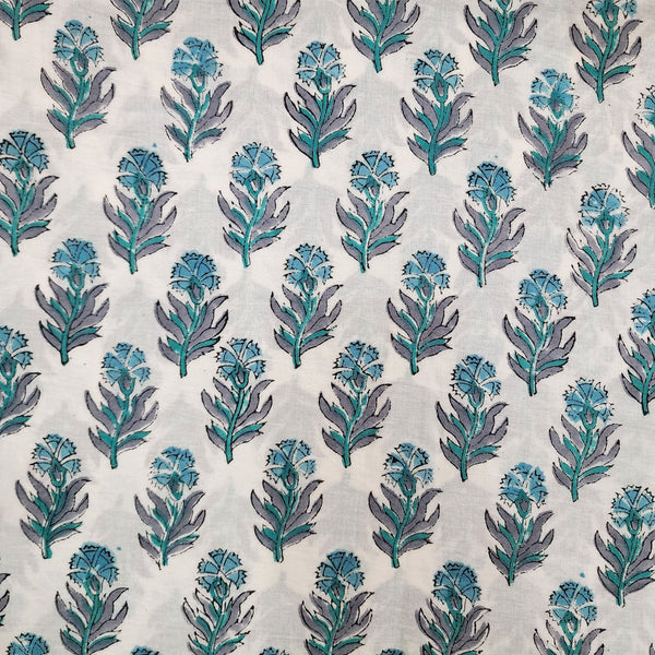 PRE-CUT 2.40 METER Pure Cotton Jaipuri White With Shades Of Blue Floral Motifs Hand Block Print Fabric