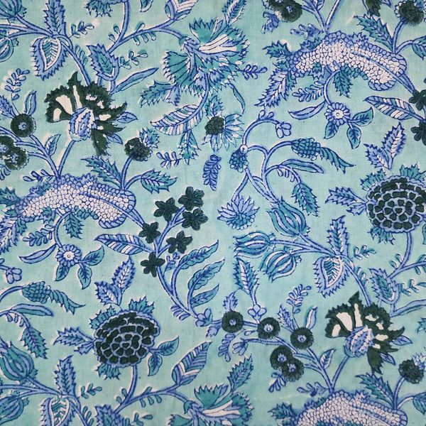 ( PRE-CUT 2.40 METER )  Pure Cotton Jaipuri Blue With Green Jungle Wild Flower Jaal Hand Block Print Fabric