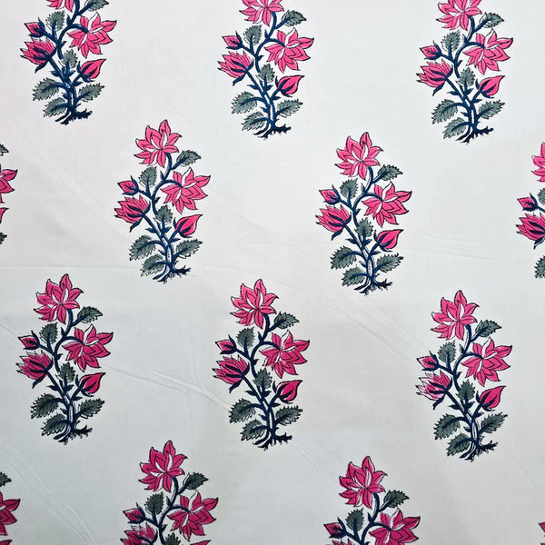 ( PRE-CUT 2.40 METER ) Pure Cotton Jaipuri White With  Pink Tulip Big Motif Hand Block Print Fabric