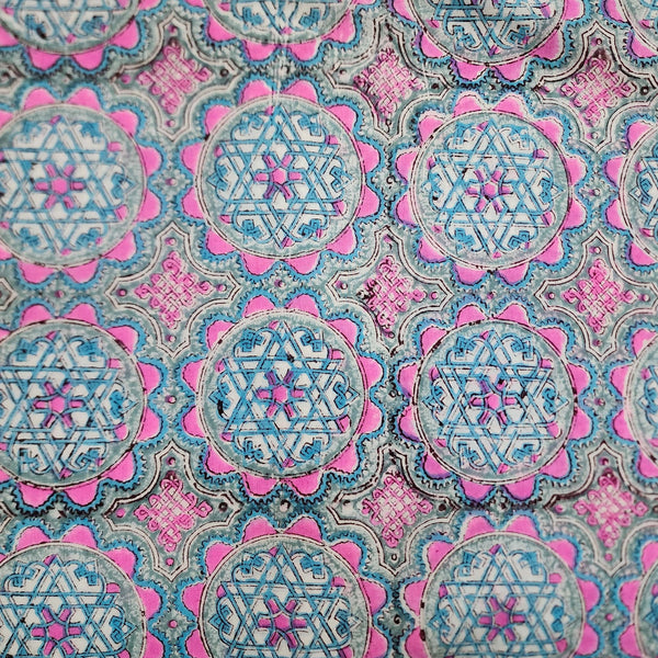 PRE-CUT 2.45 METER Pure Cotton Jaipur Grey With Light Blue And Pink All Over Chakra Flower Hand Block Print Fabric