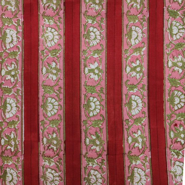 PRE-CUT 2.45 METER Pure Cotton Jaipuri Red With Pink And Green Floral Jaal Border Hand Block Print Fabric