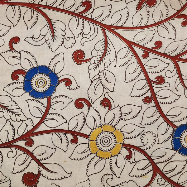 PRE-CUT 2.45 METER Pure Cotton Kalamkari Cream With Mustard And Blue Big Flower Jaal Hand Block Print Fabric