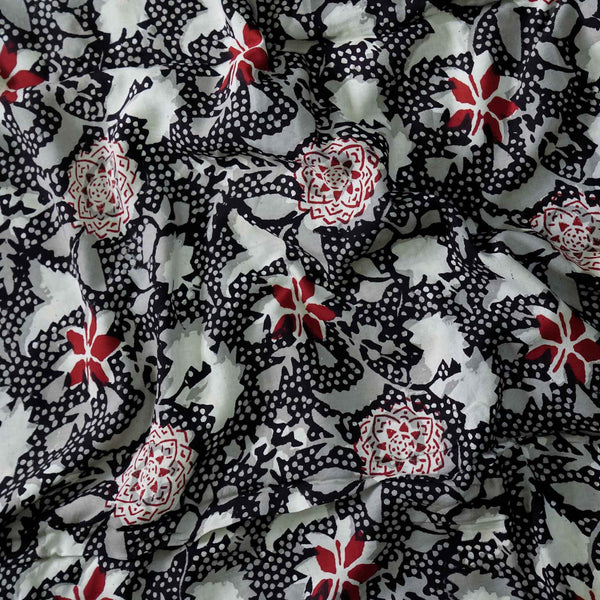 PRE-CUT 2 METER Modal Cotton Black With Grey And Maroon Floral Jaal Hand Block Print Fabric